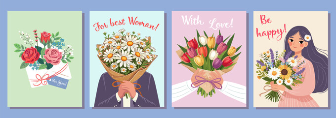 Set of Love, Hug, Gift, Beauty, concept. Young woman girl cartoon hiding behind the bouquet of flowers. Happy holidays. Vector illustration isolated on color background.