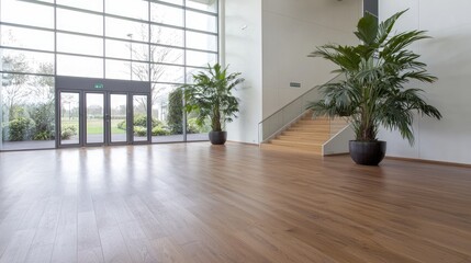 Obraz premium Modern office lobby with large windows, wooden floors, plants, and stairs