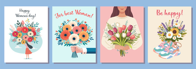 Set of Hug, Beauty, gift, love concept. Young woman girl cartoon hiding behind the bouquet of flowers. Happy holidays. Vector illustration isolated on color background.