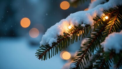 Naklejka premium Snow-covered spruce branch with soft warm glowing string lights, twinkling lights, warm christmas string lights, bokeh photography