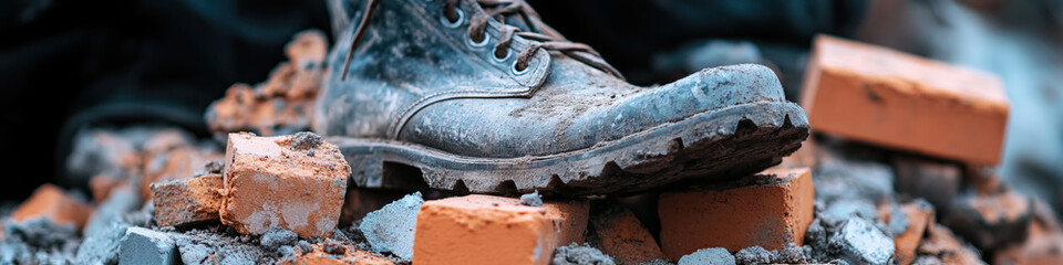Muddy Work Boot on Brick Rubble