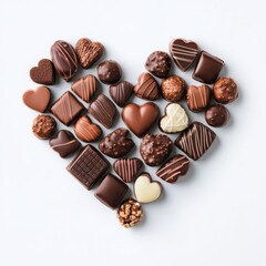 A heart made of assorted chocolates on a white background, perfect for a Valentine's Day theme