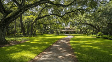 Fototapeta premium Sun-dappled path leads to a house nestled amongst lush green trees and a manicured lawn.