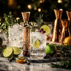 Elegant gin cocktails on a marble bar, with rosemary, thyme, and citrus peels, premium style