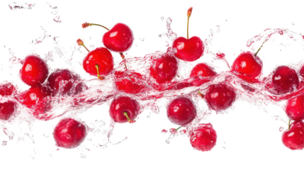 Cherries burst, suspended in mid-air with splashing, refreshing, flowing, juice. Liquid dynamics create an abstract and vibrant visual.