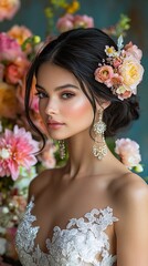 Naklejka premium portrait of an asian woman wearing wedding dress and flower in her hair.