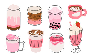 Collection of drinks for Valentine's Day. Mug with coffee, cocoa, hot chocolate, cream, bubble tea, strawberry milk with hearts, cherry cocktail, latte, love potion. Hot and cold beverages