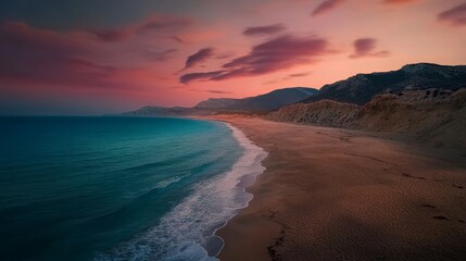 A serene beach scene at sunset, reflecting off the calm waves of the ocean. A lone figure stands silhouetted in the foreground, creating a peaceful and introspective mood.