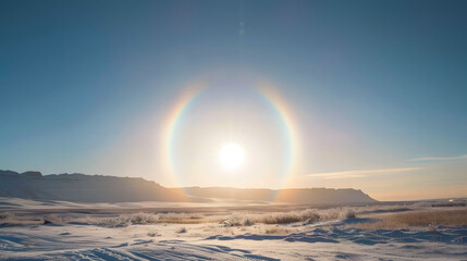 Sundogs (Parhelion) at the North and South Poles, an optical phenomenon with two bright spots on either side of the sun in a cold sky