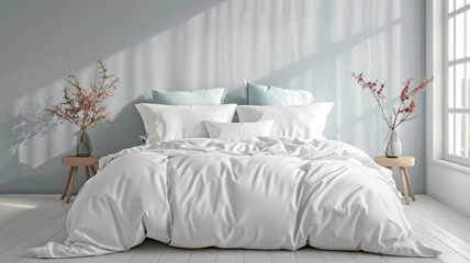 beautiful luxury double bed with many different pillows