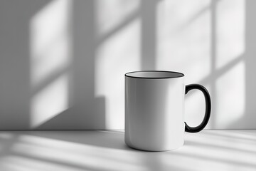 Obraz premium Blank White Coffee Mug with Black Handle on a Light Surface