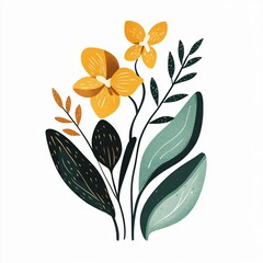 Yellow Floral Illustration: A minimalist botanical illustration featuring vibrant yellow flowers and lush green leaves, perfect for adding a touch of nature to your design projects. 