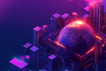 3D isometric illustration of a multitier supply chain model with global logistics optimization