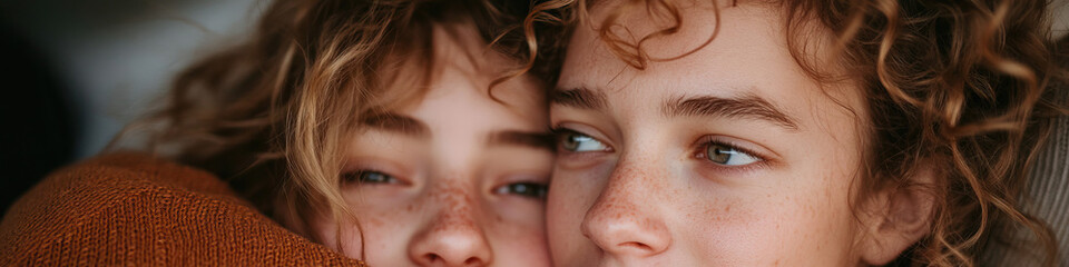 Obraz premium Close-up of Two Young Women with Freckles and Curly Hair