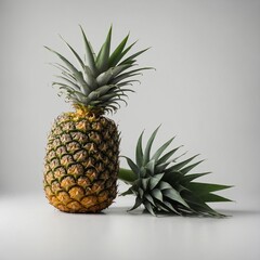 Obraz premium A single ripe pineapple with a fresh green crown, placed in the center of a pure white background.