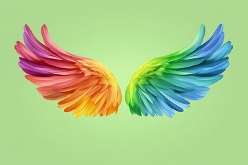 Obraz premium Colorful wings in vibrant hues of rainbow against a soft green background.