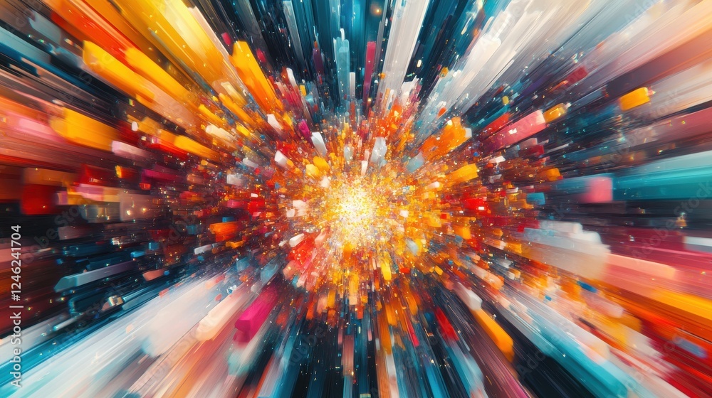 Poster digital data mosaic in motion. 3d render style. information flow concept. design for tech company vi