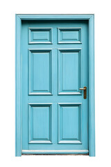 Classic molded framed entry wooden blue door, isolated on white background