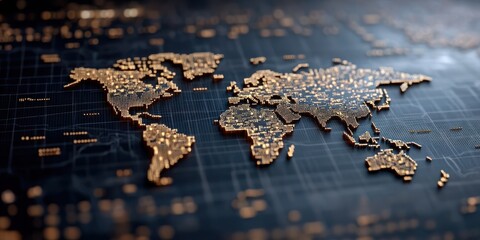 A glowing digital world map, intricately detailed, illuminates the complexities of stock market dynamics through a futuristic interface.