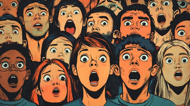A crowd of people with shocked and frightened expressions on their faces.