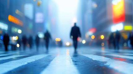 A breathtaking urban street scene at sunrise, showcasing a bustling pedestrian crossing with blurred figures in motion, sleek modern buildings surrounding the area