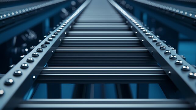 A close-up view of a metallic conveyor system, showcasing the sleek, parallel tracks designed for efficient material movement.