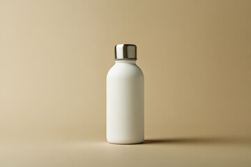 Blank White Insulated Water Bottle Against a Beige Background