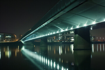 Modern bridge illuminated at night, its lights reflecting on the calm water below.