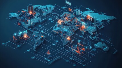 Isometric 3D map showing global resource distribution and supply chain connections