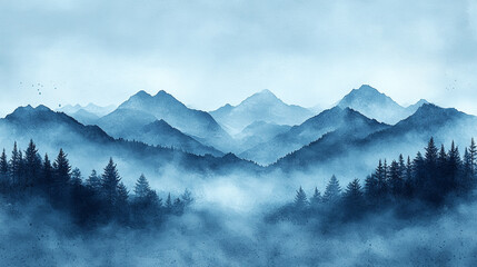 Serene Blue Mountain Landscape Watercolor Painting Art Print fog sky mist calm view hill trees image