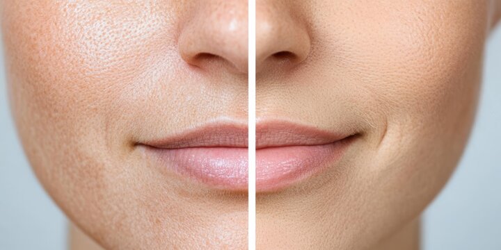 Close-up of a woman's face showing a visible transformation with smoother skin texture, highlighting a before-and-after skincare result.