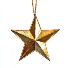 Golden star ornament hanging, white background, Christmas decor