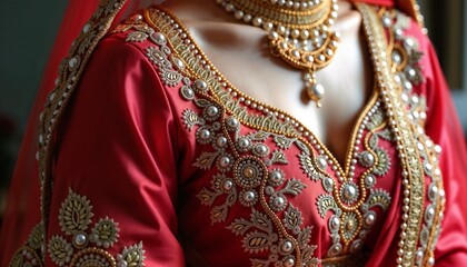 Naklejka premium Heavy embroidered bridal saree with sequins in vibrant red color