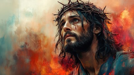 jesus christ with crown of thorns and flames digital watercolor painting