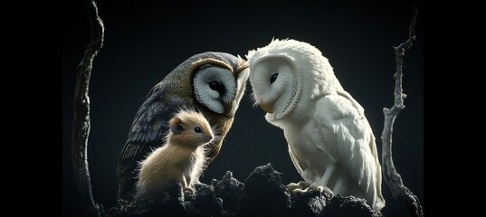 Encounter in the Dark A Tiny Vole Meeting Majestic Owls, Captured Against a Black Background.