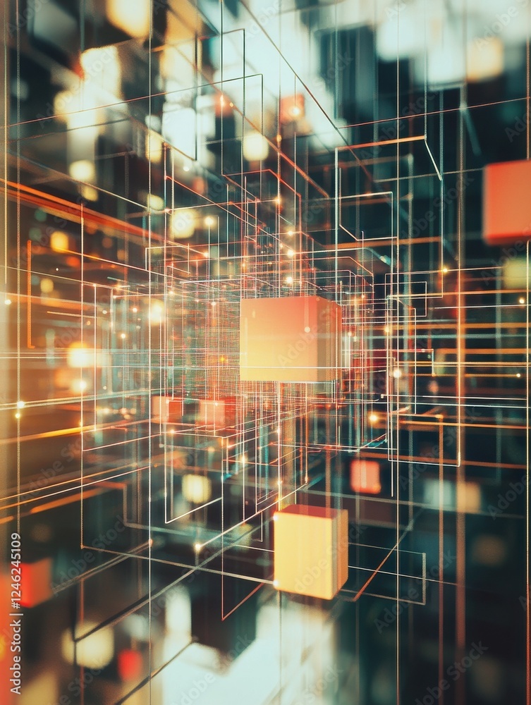 Poster abstract digital network with connected cubes and data visualizations.