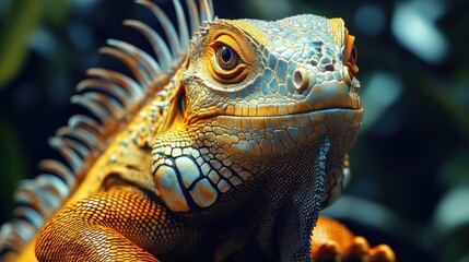 Fototapeta premium Close-up of a vibrant green and orange iguana.