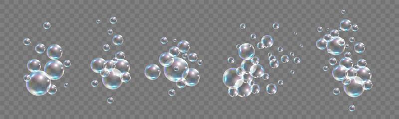 Realistic soap bubbles transparent with rainbow reflection