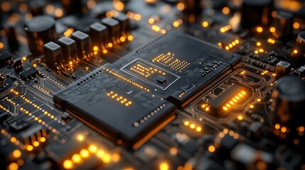 Close-up of illuminated circuit board with microchips.