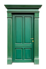 Classic molded framed entry wooden green door, isolated on white background