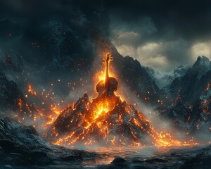 Glowing Music Notes Erupting from Violin Shaped Fantasy Mountain Landscape