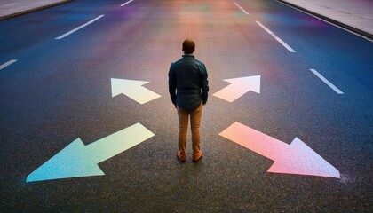 Man stands at a crossroad surrounded by arrows pointing in different directions 