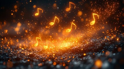 Glowing Music Notes Bursting into Twilight Skies   Dramatic Fiery Sparks Background Concept