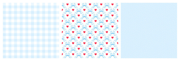 Set of seamless patterns with hearts, ribbon bows, checkered and polka dot pattern. Romantic cute provence background. Template for card, invitation, poster, wrapping cover, banner. Fabric textile pri