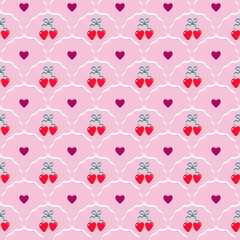 Seamless pattern with hearts, cherries, ribbon bows. Romantic cute pink background. Template for card, invitation, poster, wrapping cover, banner. Fabric textile print.