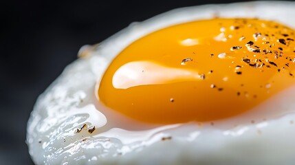 Close-up of a perfectly cooked fried egg with a vibrant yolk and black background