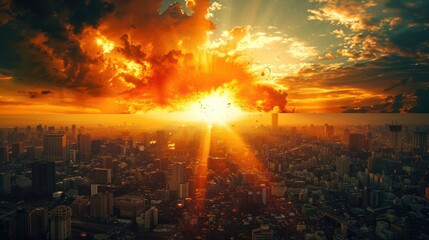 Dramatic sunset over a bustling city skyline, with vibrant colors illuminating the clouds