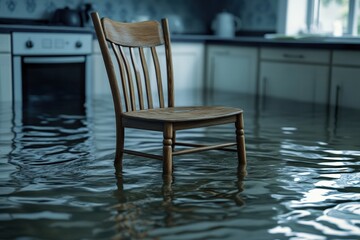 High water levels submerge kitchen chair in domestic setting. Generative AI