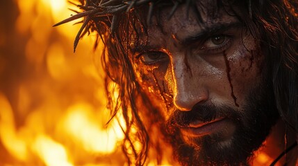 jesus christ with crown of thorns on his head in fire