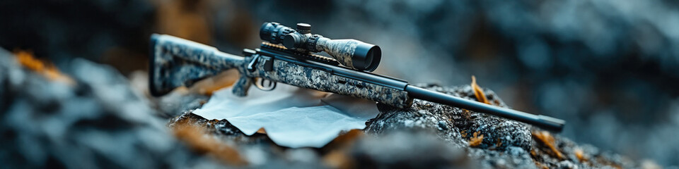 Obraz premium Camouflaged Bolt-Action Rifle with Scope on Rocky Surface